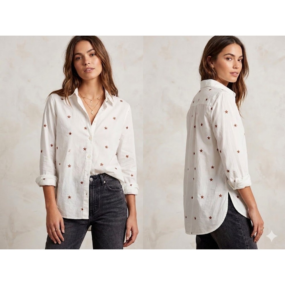 NWT Scotch & Soda‎ Maison Scotch Embroidered Star Shirt Cream Copper M FLAWED
